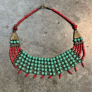 Elegant Turquoise and Red Beaded Necklace